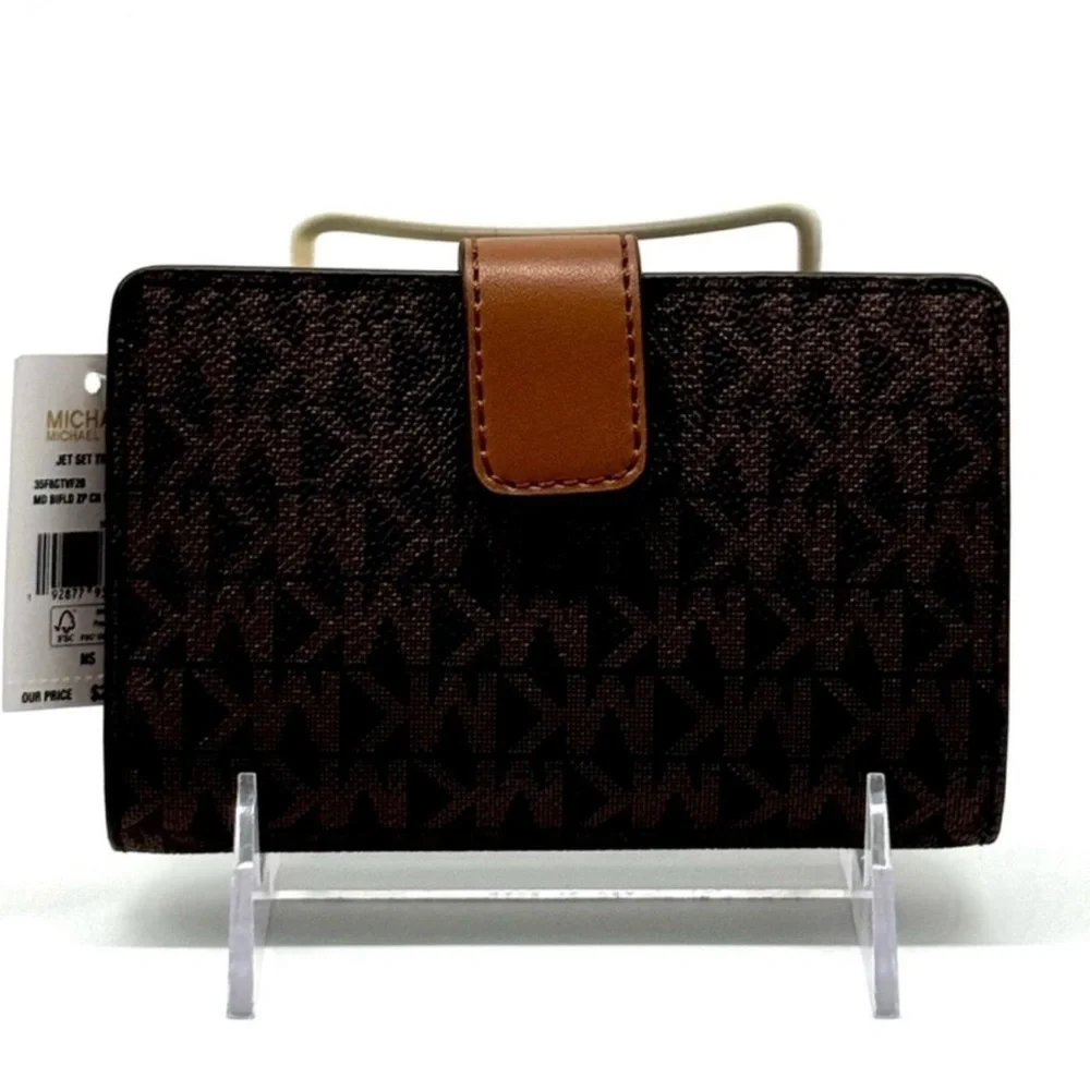Michael Kors Medium Jet Set Travel Zip Chain Bifold Wallet - Brown Signature